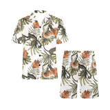 Monkey red hibiscus flower palm leaves floral patt Men's V-Neck Short Pajama Set