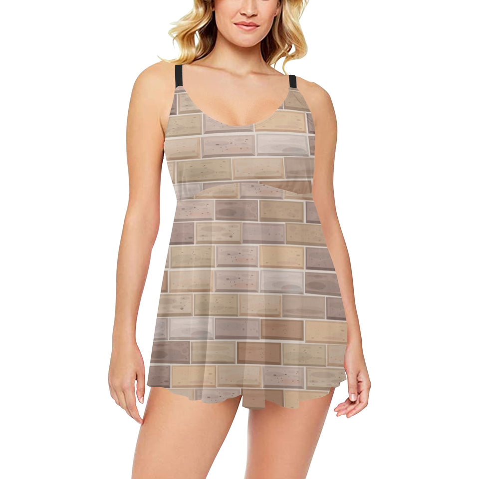 Brick Printed Pattern Print Design 01 Chest Sexy Pleated Two Piece Swim Dress