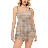 Brick Printed Pattern Print Design 01 Chest Sexy Pleated Two Piece Swim Dress