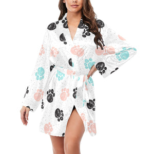 Dog Paws Pattern Print Design 04 Women's Long Sleeve Belted Night Robe