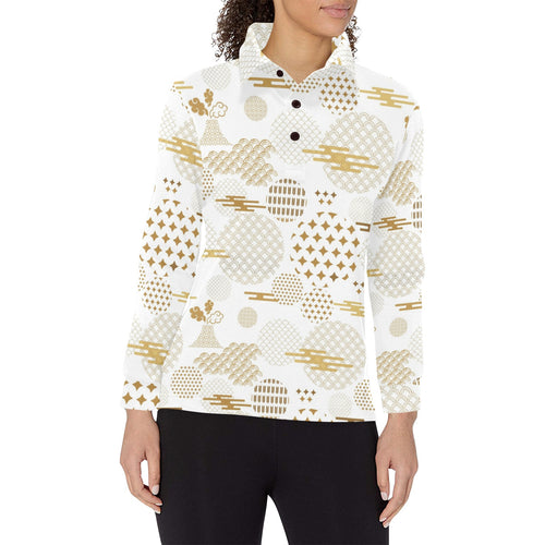 Beautiful gold japanese pattern Women's Long Sleeve Polo Shirt