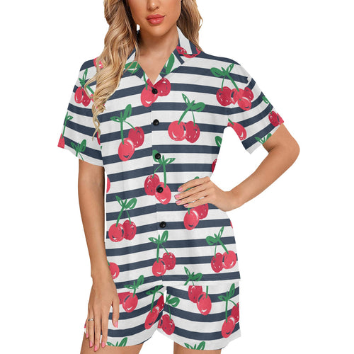Hand drawn cherry pattern striped background Women's V-Neck Short Pajama Set