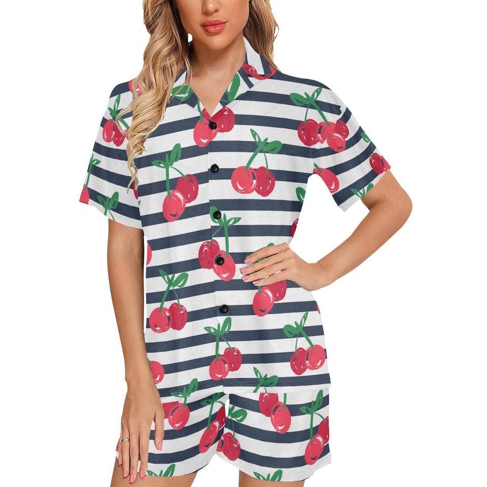 Hand drawn cherry pattern striped background Women's V-Neck Short Pajama Set