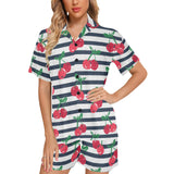 Hand drawn cherry pattern striped background Women's V-Neck Short Pajama Set