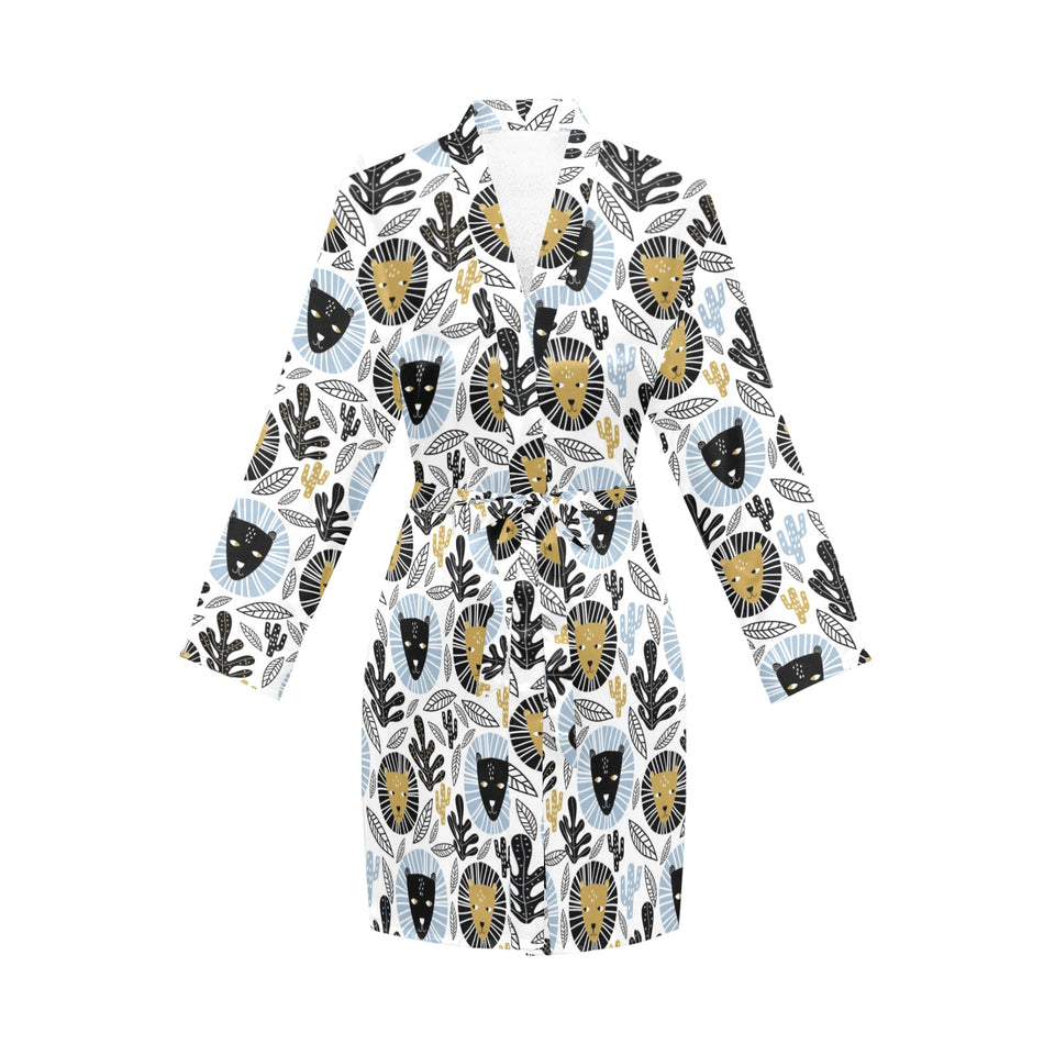 Lion Pattern Print Design 05 Women's Long Sleeve Belted Night Robe