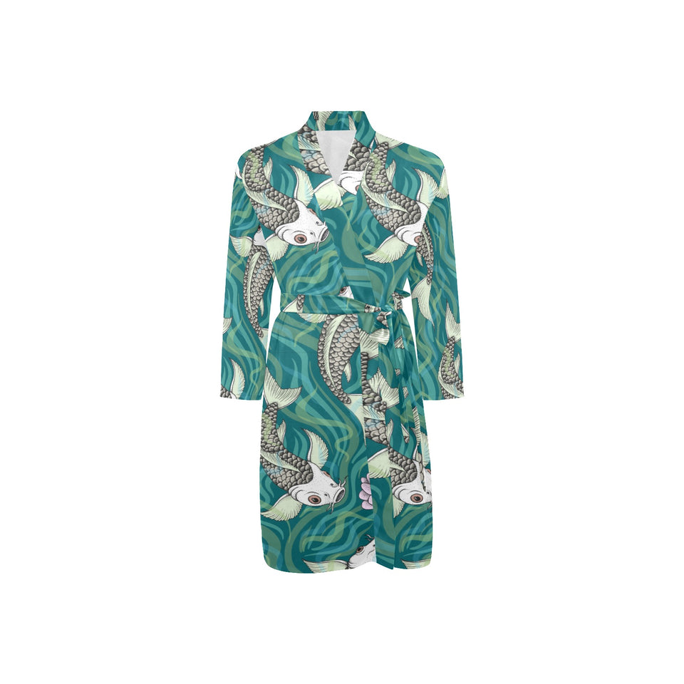 Koi Fish Carp Fish lotus pattern Men's Long Sleeve Belted Night Robe
