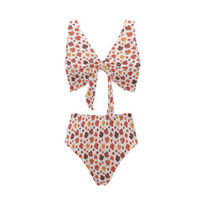 Colorful Maple Leaf pattern Chest Bowknot High Waisted Bikini Swimsuit