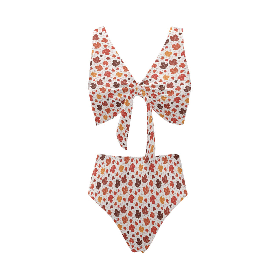 Colorful Maple Leaf pattern Chest Bowknot High Waisted Bikini Swimsuit