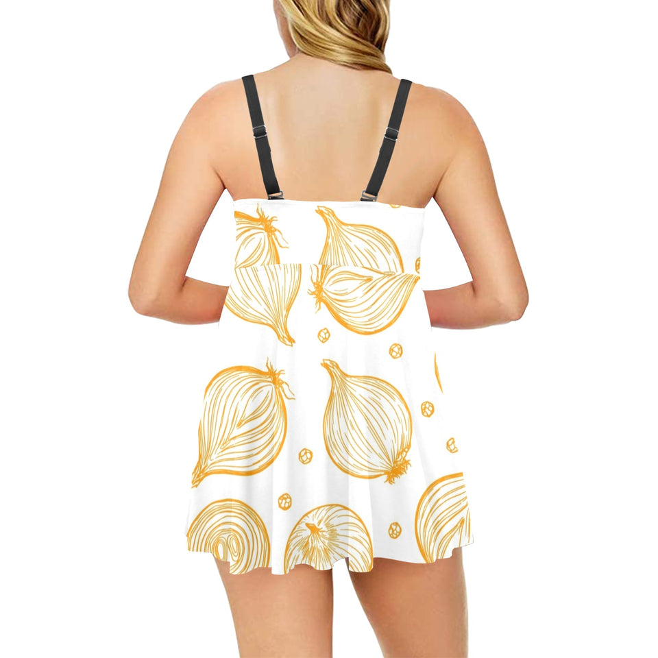 hand drawn onion pattern Chest Sexy Pleated Two Piece Swim Dress