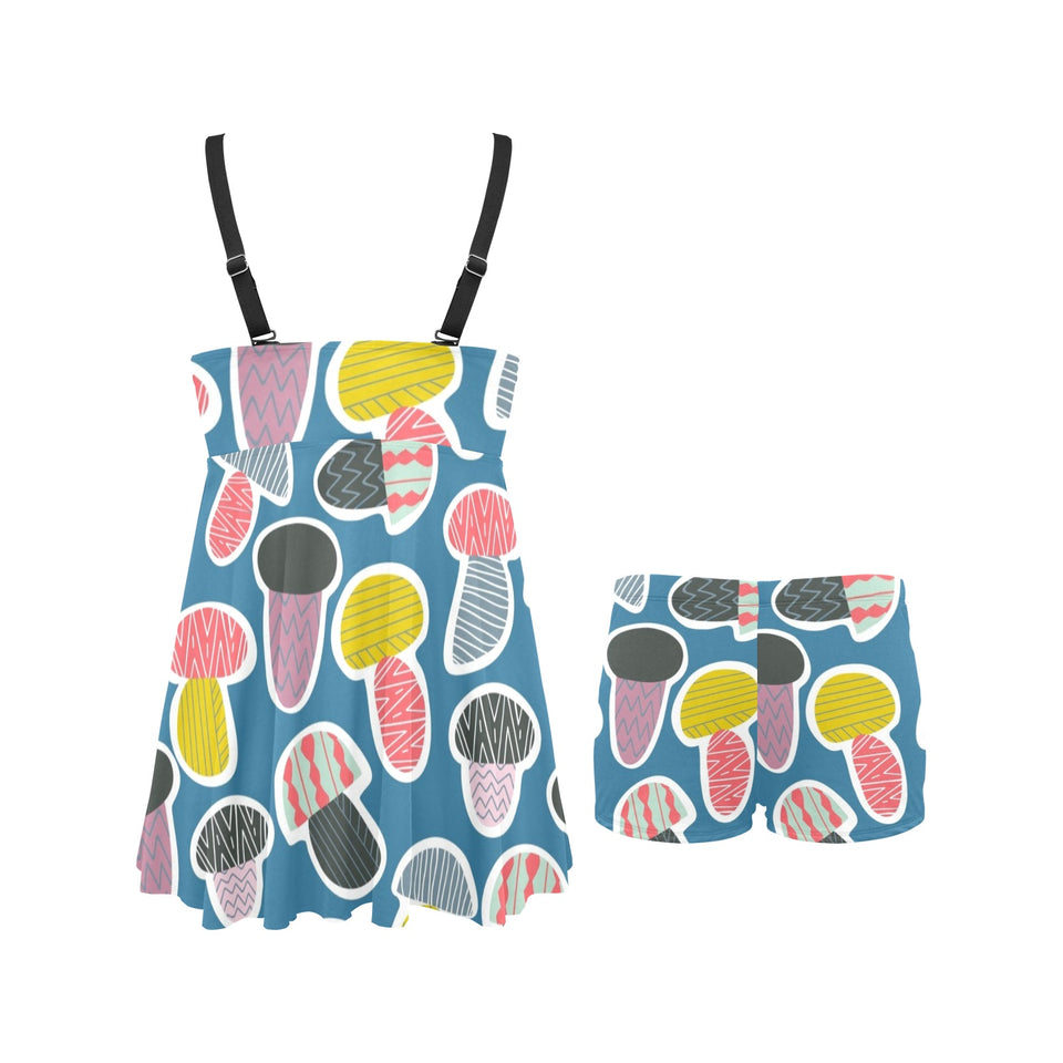 Colorful mushroom design pattern Chest Sexy Pleated Two Piece Swim Dress