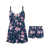 Pink sakura cherry blossom blue background Chest Sexy Pleated Two Piece Swim Dress