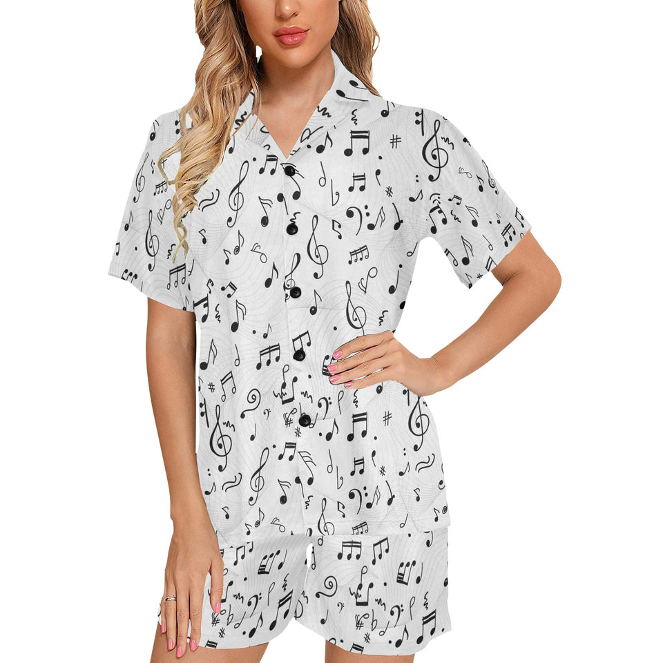 Music Notes Pattern Print Design 04 Women's V-Neck Short Pajama Set