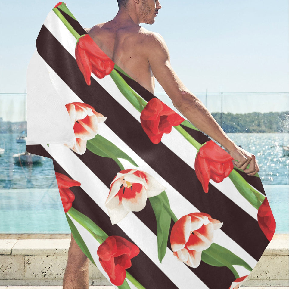 red and white tulips pattern Beach Towel