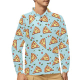 Hand drawn pizza blue background Men's Long Sleeve Polo Shirt