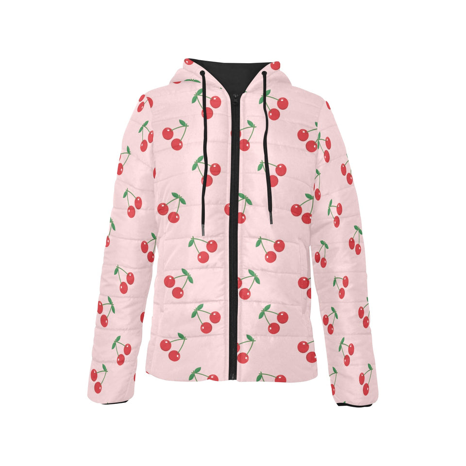 cherry pattern pink background Women's Padded Hooded Jacket
