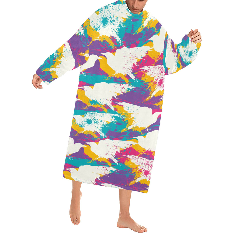 Colorful crow illustration pattern Blanket Robe with Sleeves