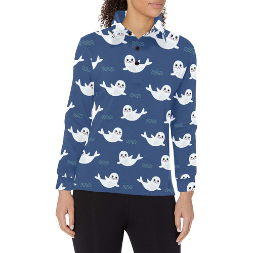 Cute white baby sea lion seal pattern Women's Long Sleeve Polo Shirt
