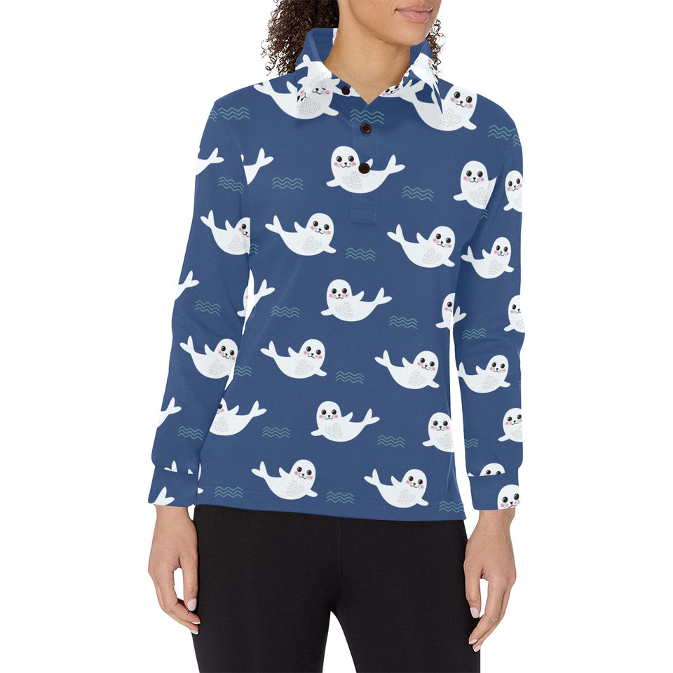 Cute white baby sea lion seal pattern Women's Long Sleeve Polo Shirt