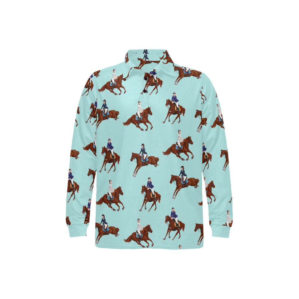 Horses running horses rider pattern Men's Long Sleeve Polo Shirt