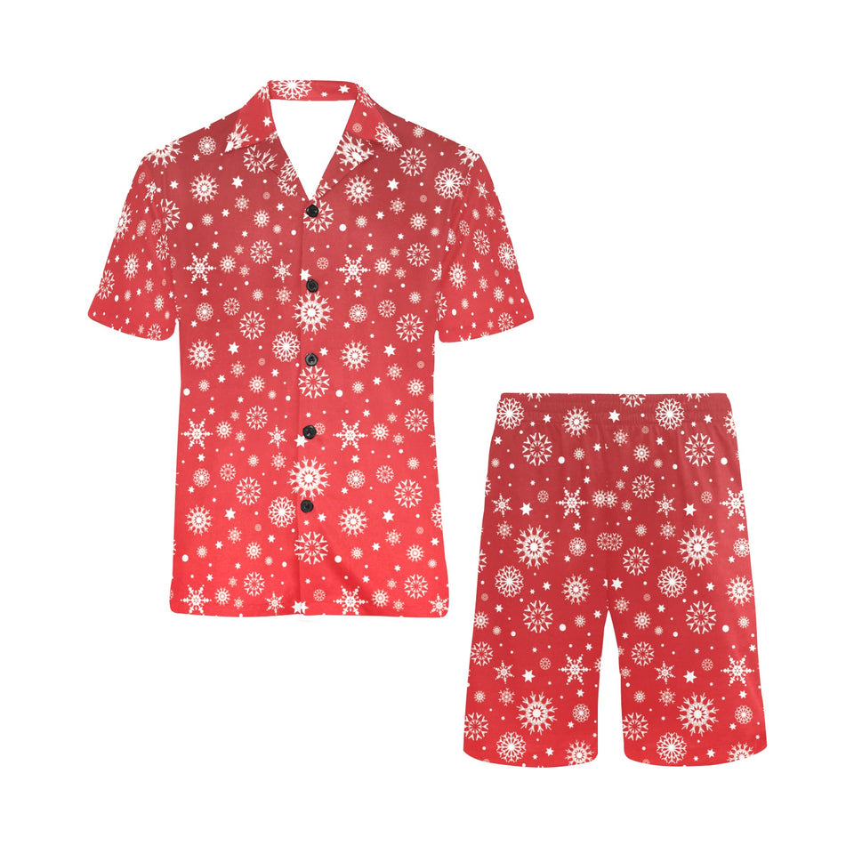 Snowflake pattern red background Men's V-Neck Short Pajama Set
