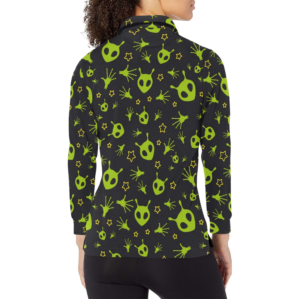 Alien Pattern Print Design 02 Women's Long Sleeve Polo Shirt