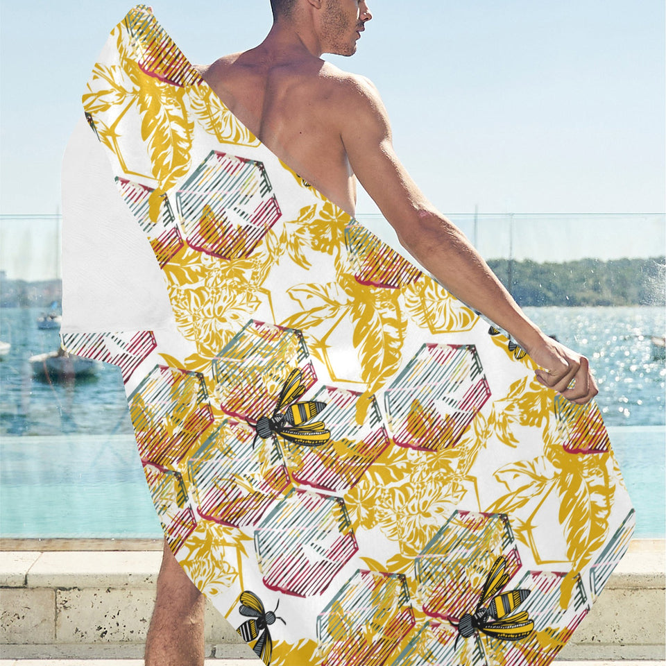 Cool Bee honeycomb leaves pattern Beach Towel