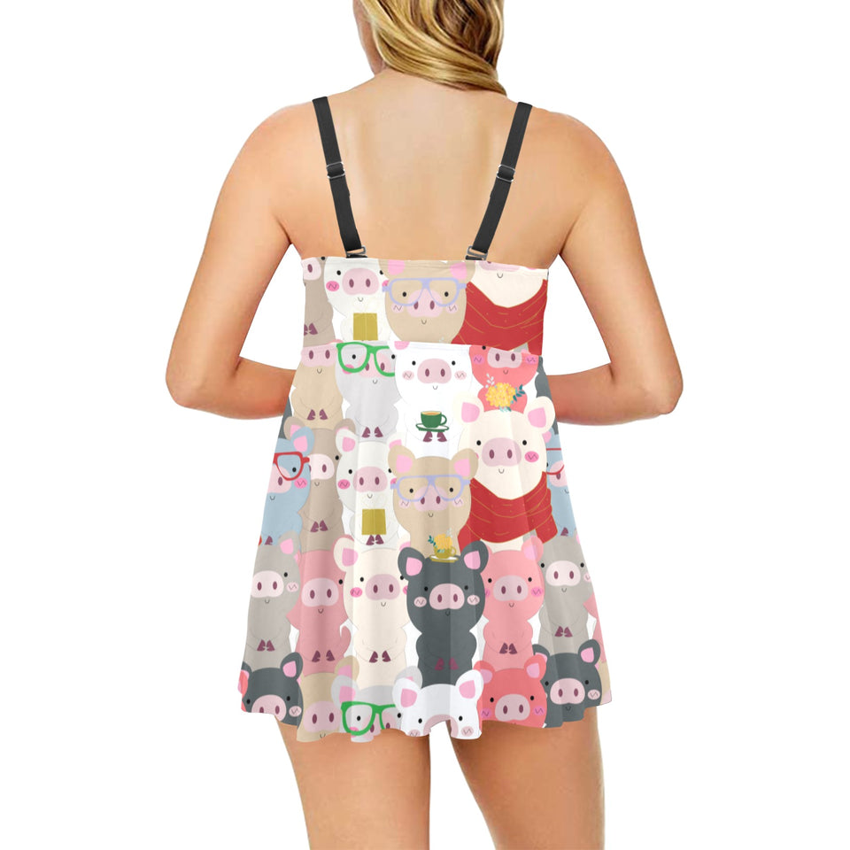 Pig Pattern Print Design 02 Chest Sexy Pleated Two Piece Swim Dress