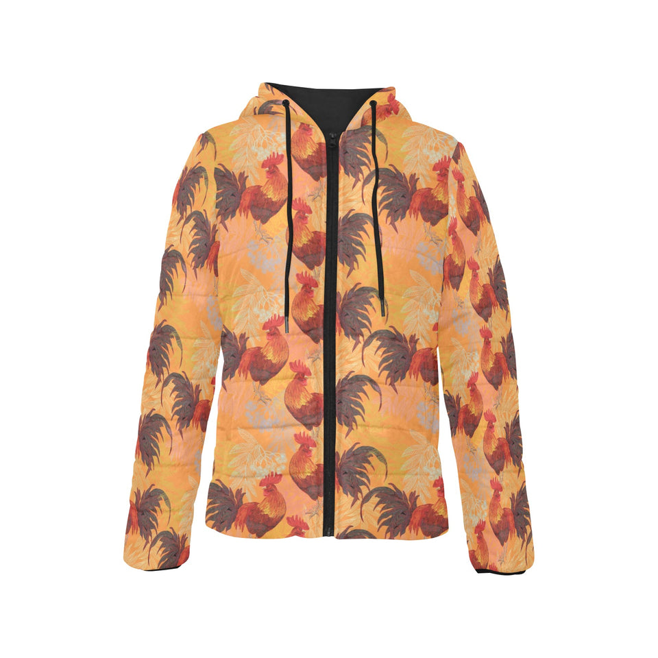 red rooster chicken cock pattern Women's Padded Hooded Jacket