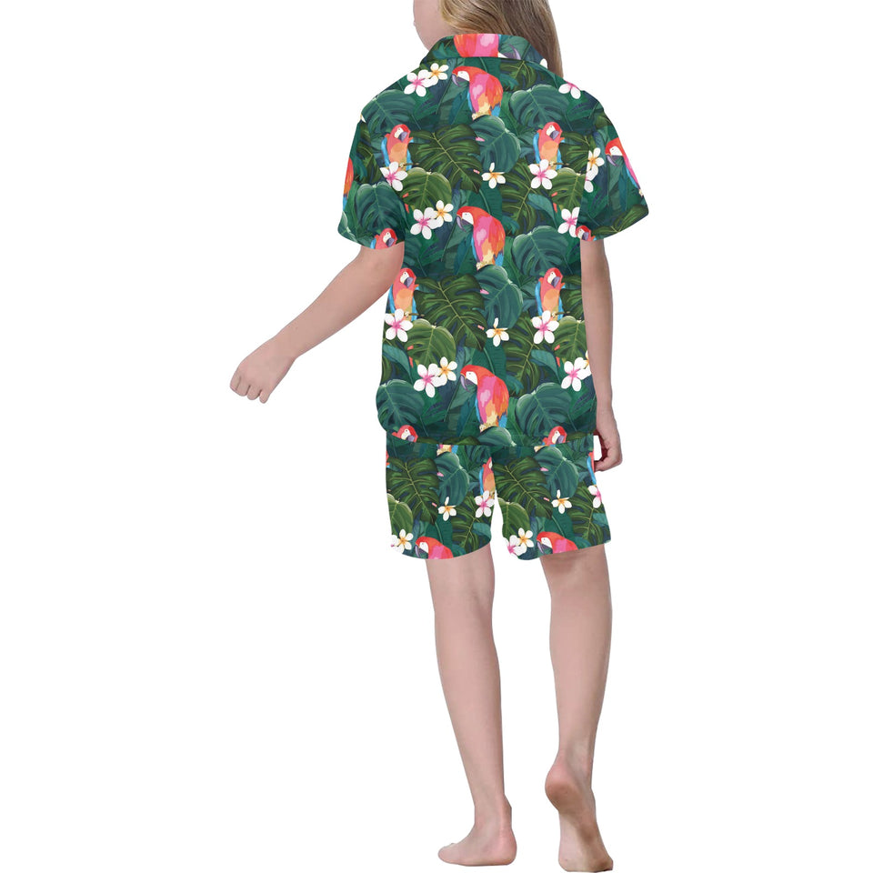 Parrot Palm tree leaves flower hibiscus pattern Kids' Boys' Girls' V-Neck Short Pajama Set