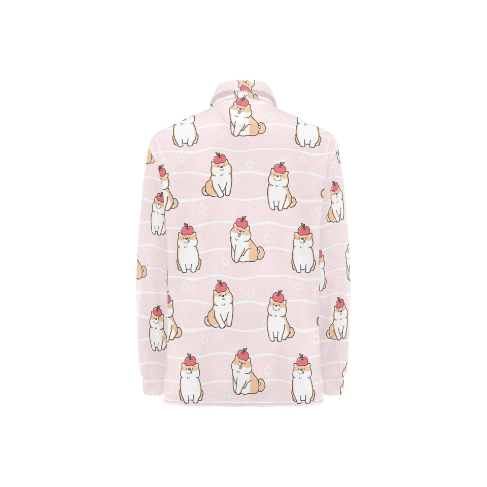 Cute Shiba Inu Dog Apple pattern Women's Long Sleeve Polo Shirt