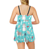 Christmas cute siberian husky puppie pattern Chest Sexy Pleated Two Piece Swim Dress