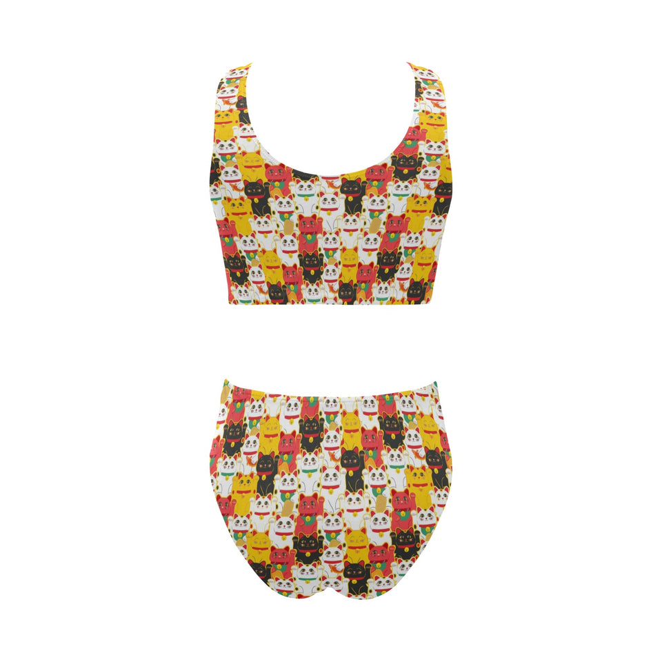 Colorful Maneki neko cat pattern Chest Bowknot High Waisted Bikini Swimsuit