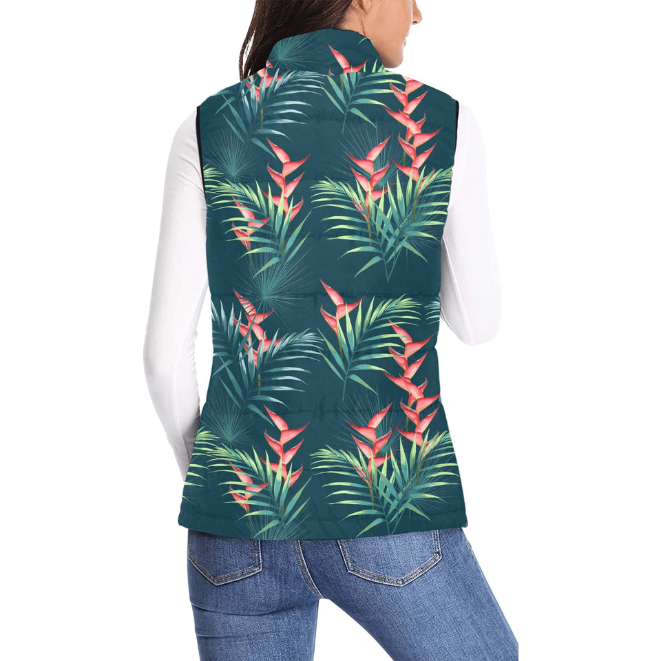 heliconia flowers, palm and monstera leaves on bla Women's Padded Vest