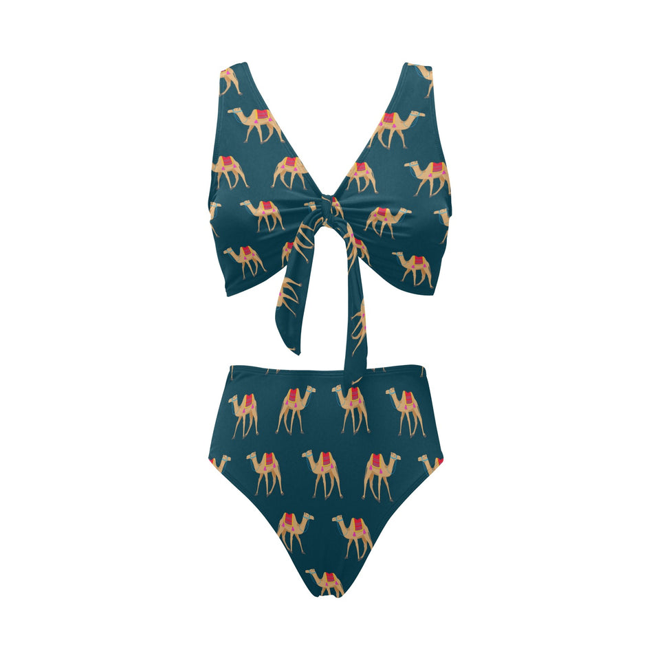 Camel pattern blue blackground Chest Bowknot High Waisted Bikini Swimsuit