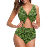 Green hop pattern Chest Bowknot High Waisted Bikini Swimsuit