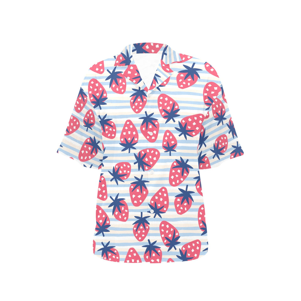 Strawberry pattern blue lines background Women's All Over Print Hawaiian Shirt