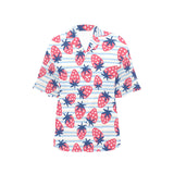 Strawberry pattern blue lines background Women's All Over Print Hawaiian Shirt