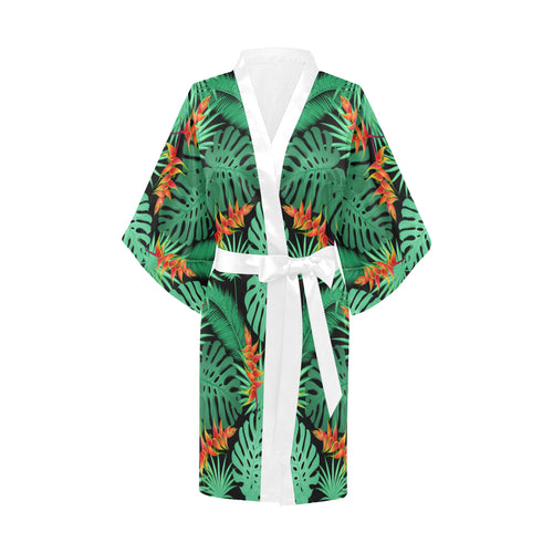 heliconia flower palm monstera leaves black backgr Women's Short Kimono Robe