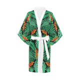 heliconia flower palm monstera leaves black backgr Women's Short Kimono Robe