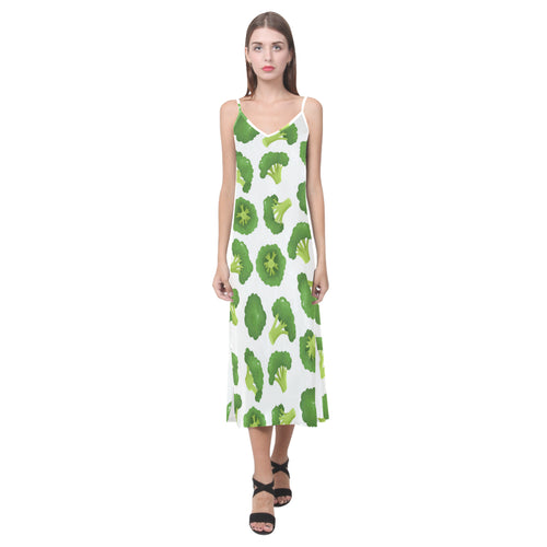 Cute broccoli pattern V-Neck Open Fork Long Dress
