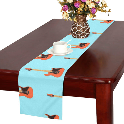 electric guitar pattern light blue background Table Runner