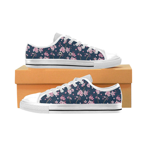 Pink sakura cherry blossom blue background Men's Low Top Shoes White