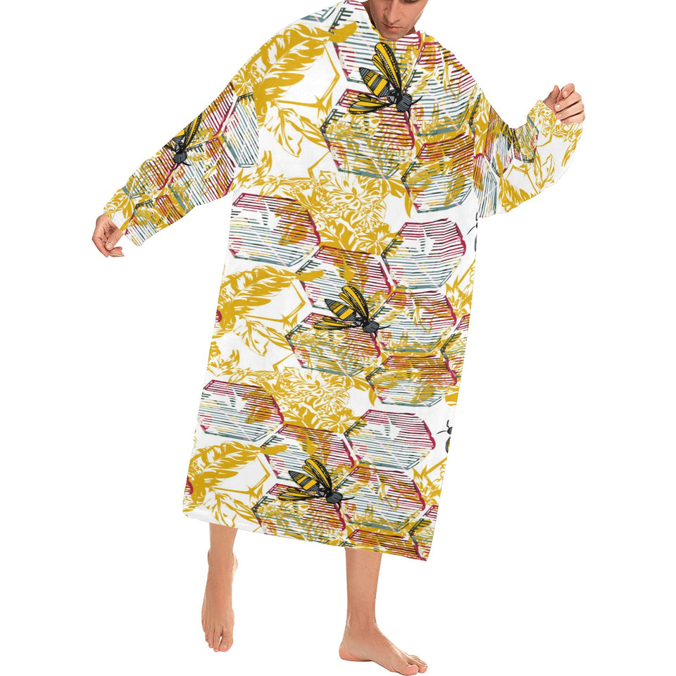 Cool Bee honeycomb leaves pattern Blanket Robe with Sleeves