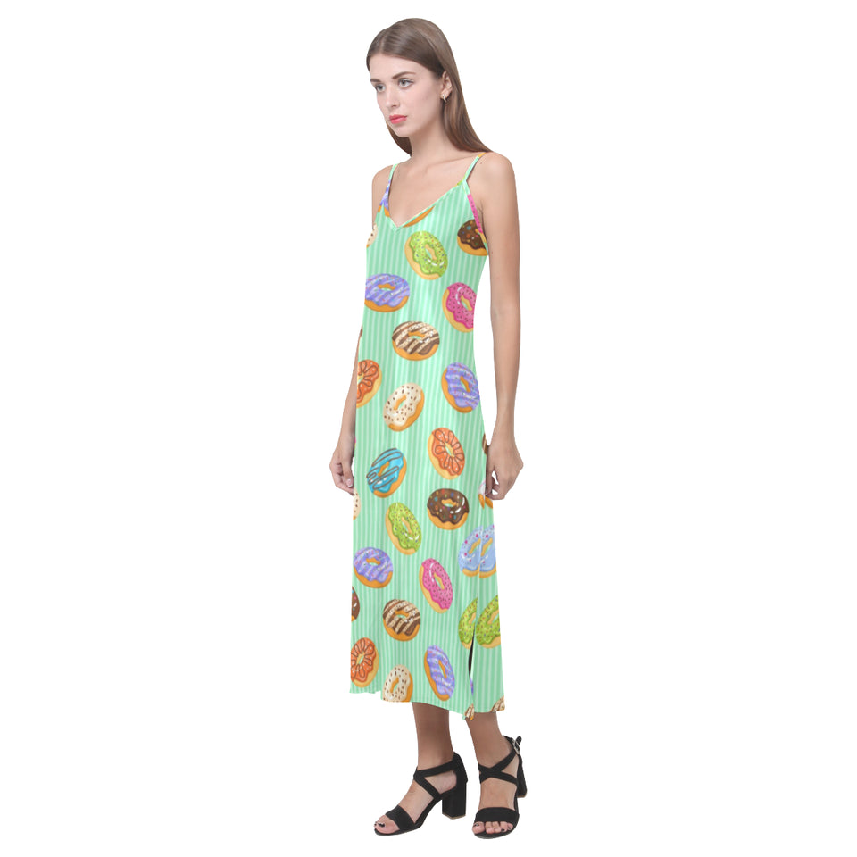 Colorful donut pattern green background V-Neck Open Fork Long Dress