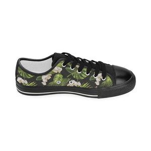 White orchid flower tropical leaves pattern blackg Kids' Boys' Girls' Low Top Canvas Shoes Black