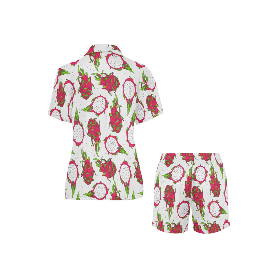 dragon fruits white background Women's V-Neck Short Pajama Set
