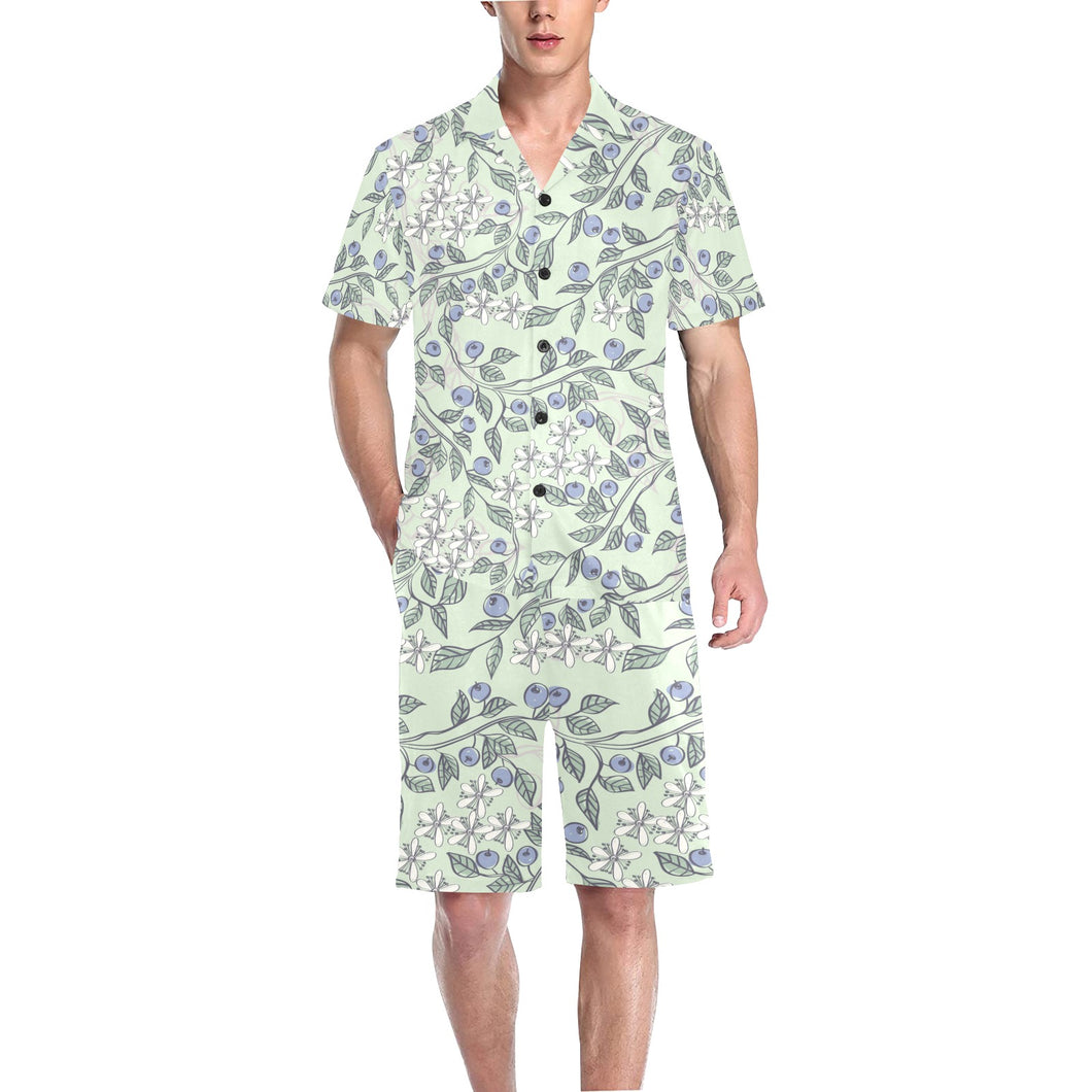 hand drawn blueberry pattern Men's V-Neck Short Pajama Set