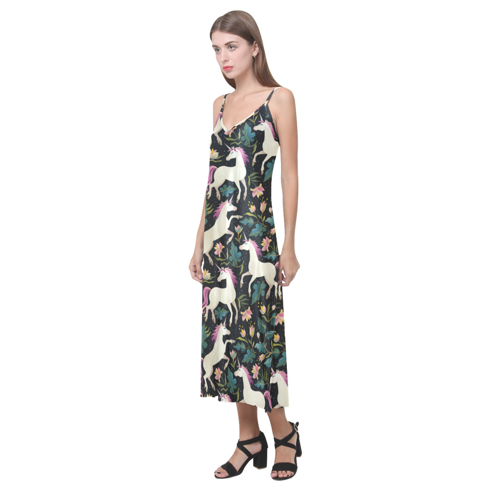 Unicorns forest background V-Neck Open Fork Long Dress