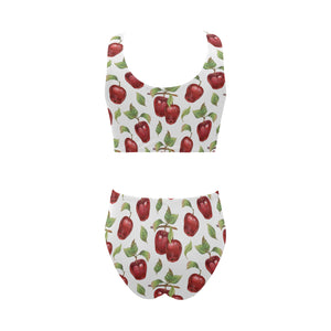 Red apples pattern Chest Bowknot High Waisted Bikini Swimsuit