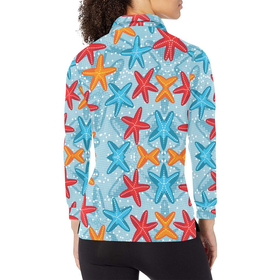 Blue red orange starfish pattern Women's Long Sleeve Polo Shirt